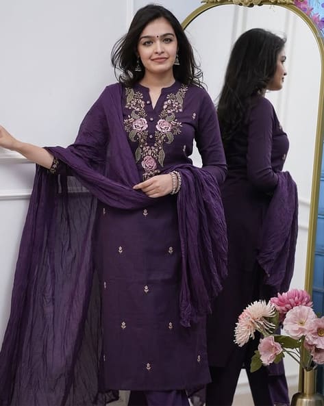 Women Embroidered A-Line Kurta & Pants Set with Dupatta
