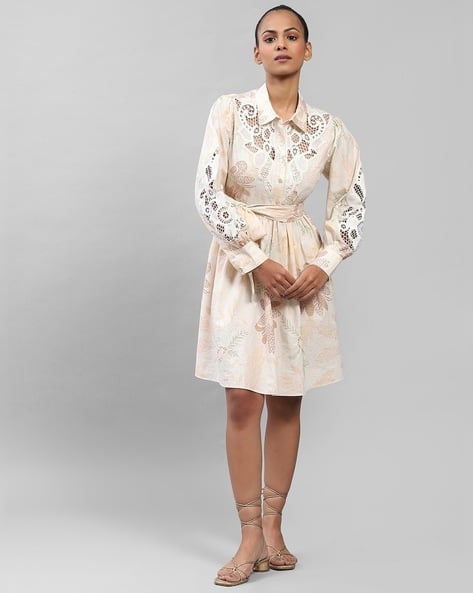 Embroidered A-Line Dress with Tie-Up