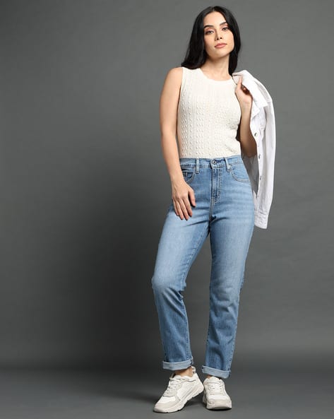 Women Cotton Washed Wide-Leg Jeans