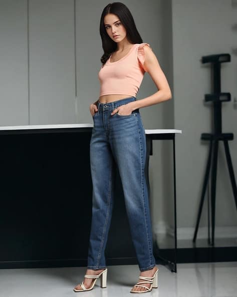 Women Mid-Wash High-Rise Loose Tapered Fit Jeans