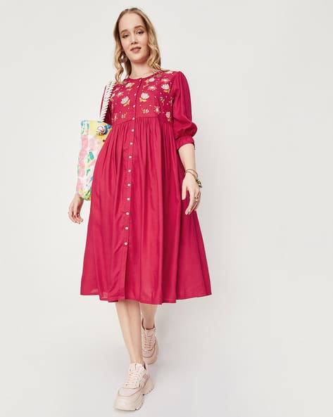 Women Embroidered Midi Fit & Flare Dress