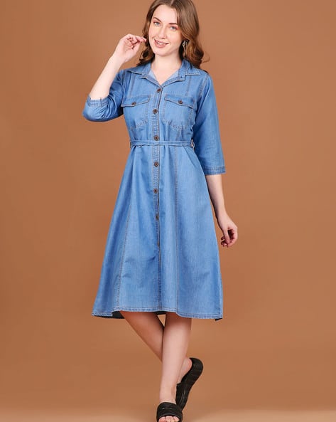 women Shirt Dress with Waist-Tie