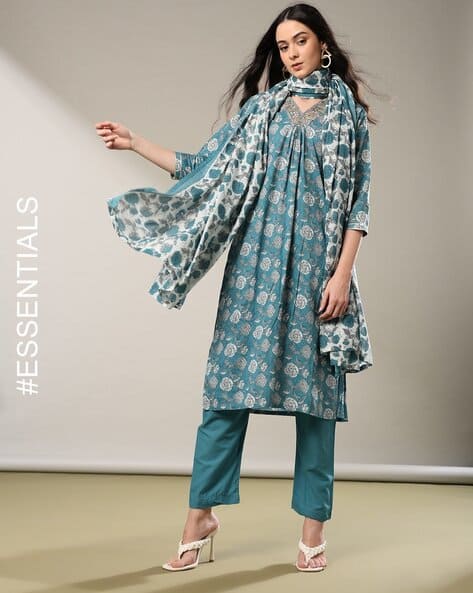 Women Floral Print Straight Kurta Set with Dupatta