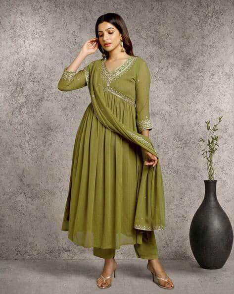 Women Embroidered Flared Kurta with Pants & Dupatta