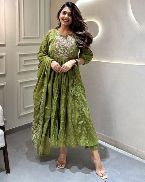 Women Embroidered Flared Kurta & Pants with Dupatta