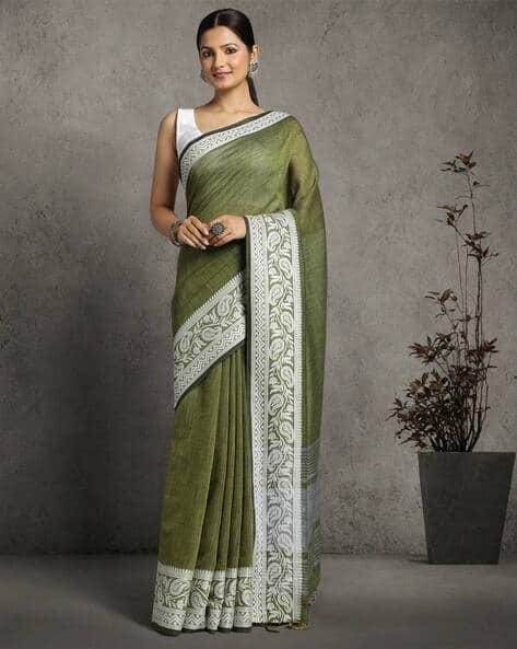 Women Linen Saree with Woven Border