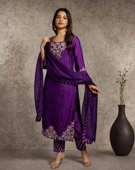 Women Embroidered Straight Kurta with Pants & Dupatta