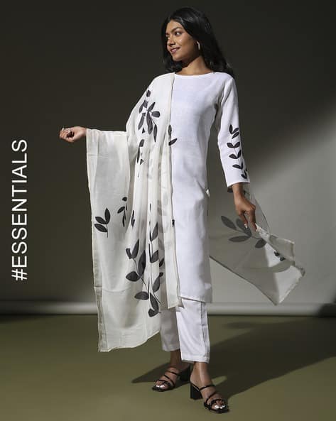 Women Leaf Print Straight Kurta Suit Set