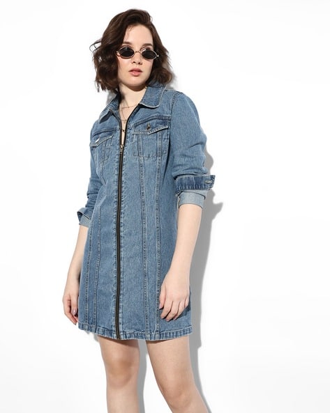 Women Cotton Shirt Dress with Flap Pockets