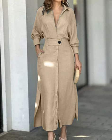 Women Shirt Dress with Waist Tie-Up with Insert Pocket