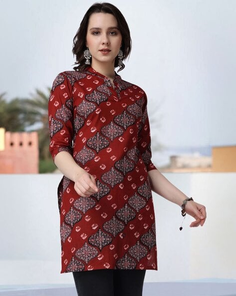 Geometric A-Line Kurti with Mandarin Neck