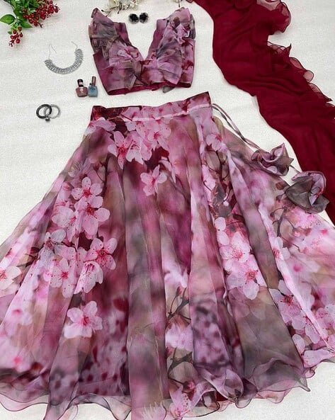 Women Floral Print Flared Lehenga Choli Set with Dupatta