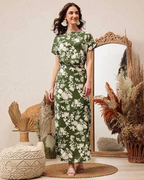 Women Floral Print Sheath Dress with Side-Slit