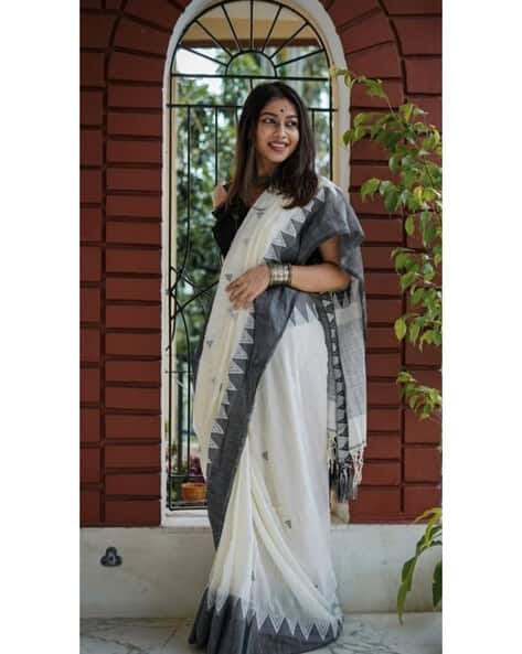 Geometric Print Saree with Contrast Border