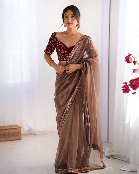 Women Sequins Work Net Embellished Saree