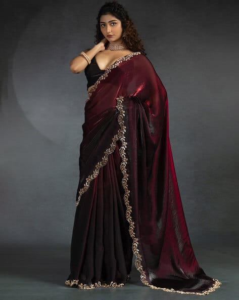 Women Embellished Saree with Scalloped Hem