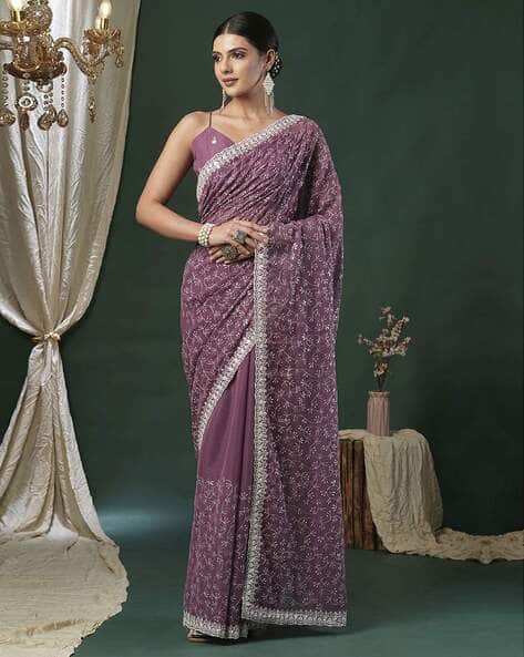 Women Embroidered Saree with Scallop Border