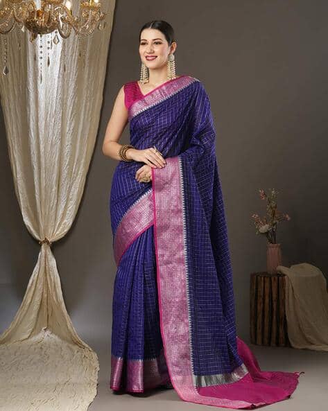 Checked Saree with Floral Woven Border