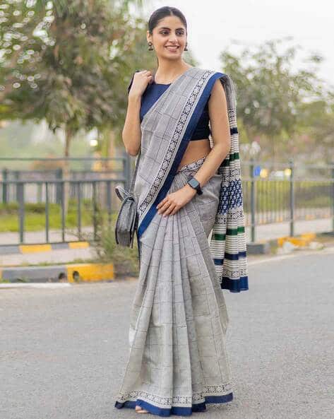 Women Block Print Saree with Contrast Border