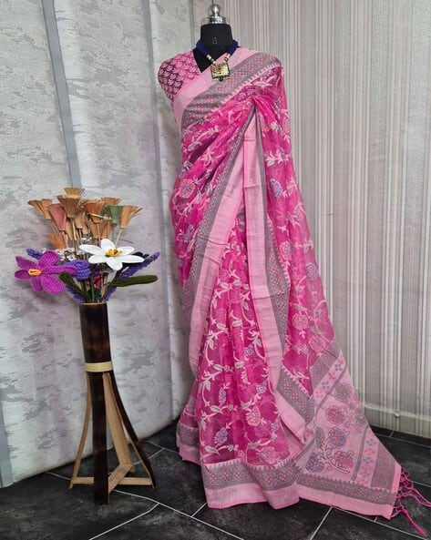 Women Floral Print Saree with Tassels