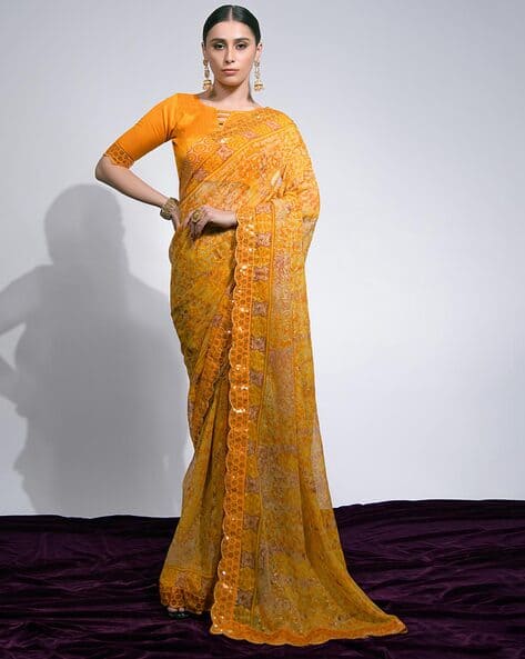 Printed Saree with Contrast Scalloped Border