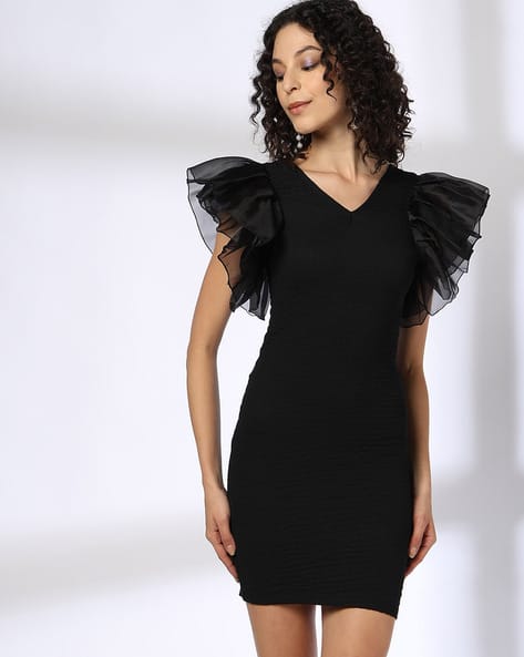 Women Bodycon Dress with Ruffle Sleeves