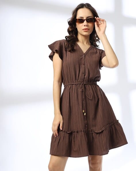 Women Smocked Fit & Flare Dress with Waist Tie-Up