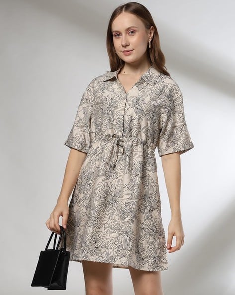 Women Floral Print Shirt Dress