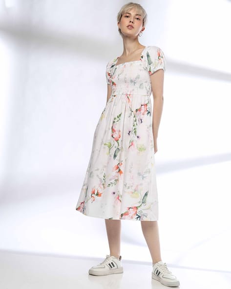 Women Smocked Floral Print Fit & Flare Dress