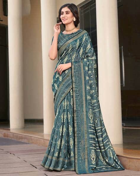 Women Block Print Saree with Zari Border