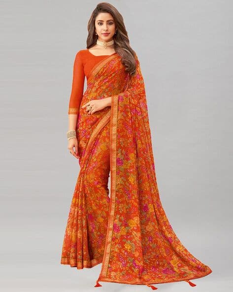 Floral Print Saree with Tassels