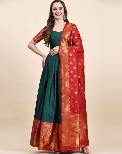 Women Woven Flared Lehenga Choli Set with Dupatta