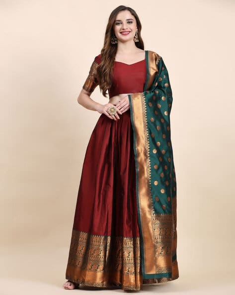 Women Woven Flared Lehenga Choli Set with Dupatta