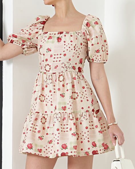 Shein Cute Puff Sleeves Floral Printed Tiered Dress with Back Tie-up