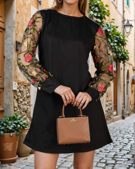 Shein Party Flower Embroidered Cuffed Sleeves Shift Dress