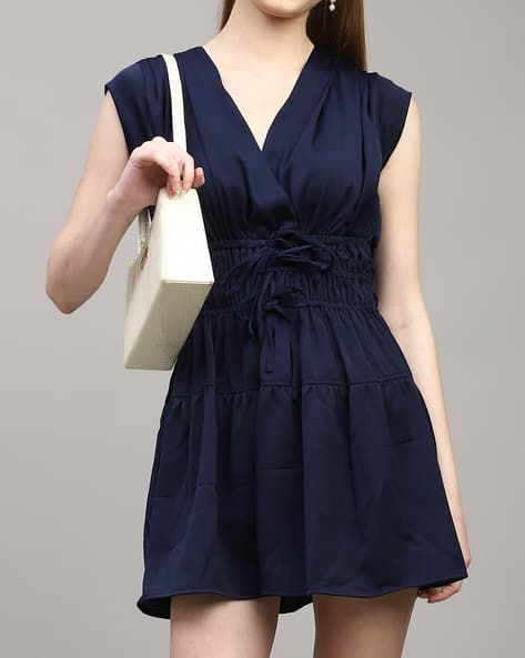 Shein Cap Sleeves Waist Tie-Up Ruched Fit & Flare Dress