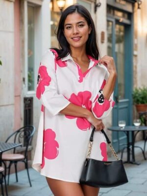 Shein Collar Neck Curved Hem Floral Mini Shirt Dress