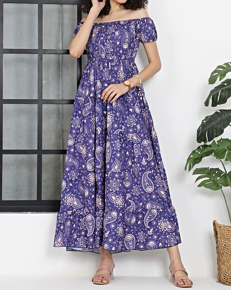 Shein Bohemian Maxi Length Off Shoulder Paisley Print Tiered Dress