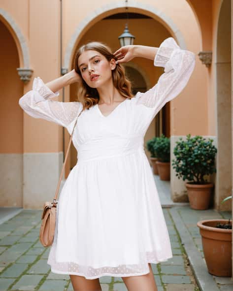 Shein Smocked Waist Cuffed Sleeves Swiss Dot A-line Dress