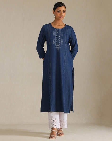 Women Denim Straight Kurta With Thread Work