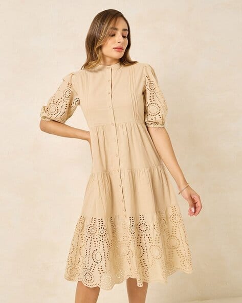 Women A-Line Tiered Midi Dress With Puff Sleeves
