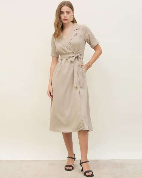 Women Plain Lapel Wrap Midi Dresses