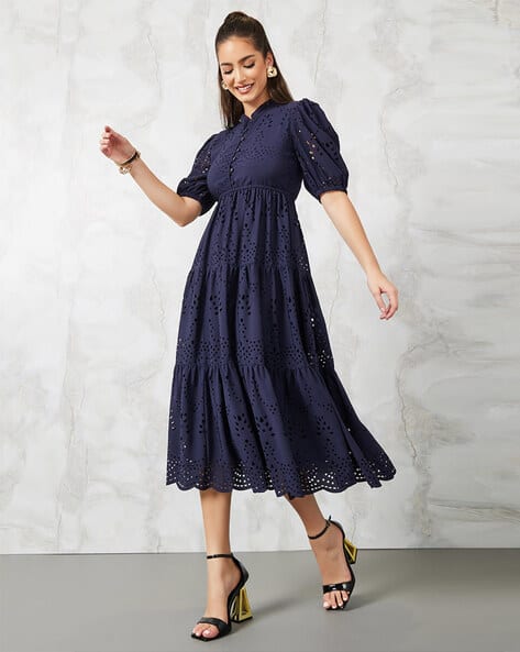 Women Cutwork Pattern A-Line Midi Dress with Cuffed Sleeve