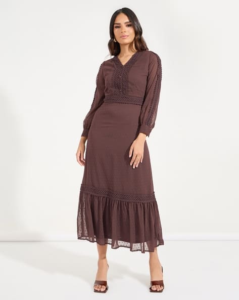 Women V-Neck A-Line Dress with Lace