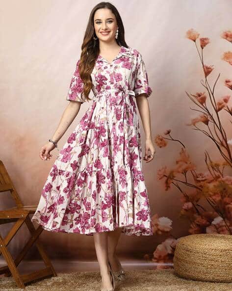 Women Floral Print A-line Dress with Short Sleeves
