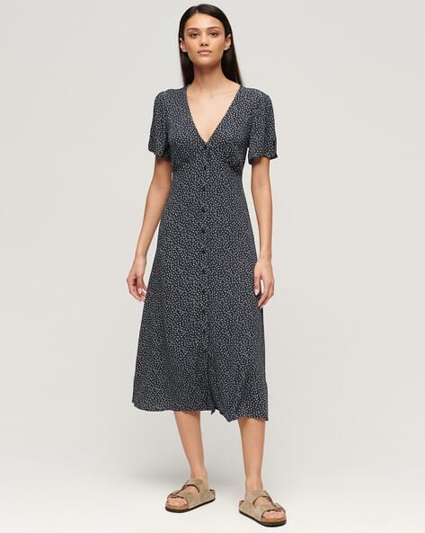Printed Button Short Sleeves Midi Tea Dress