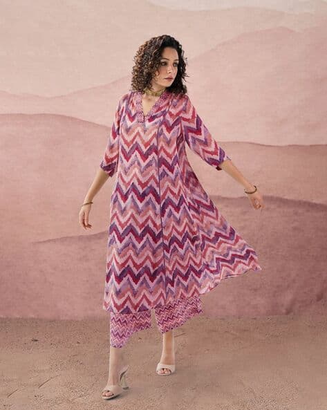 Women Chevron Print Kurta & Palazzos Co-Ord Set