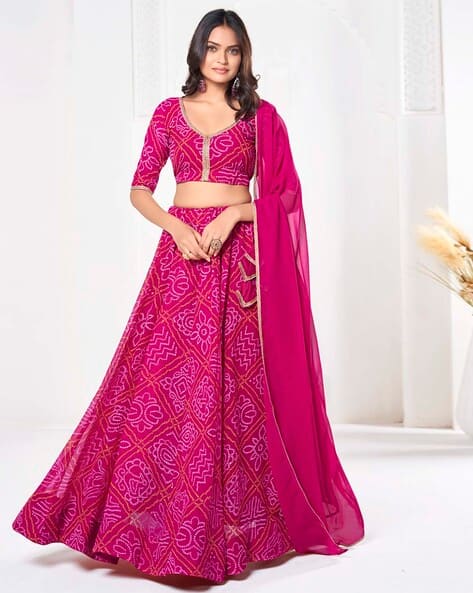 Women Bandhani Print Flared Lehenga Choli Set with Dupatta