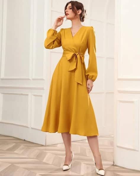 Women V-Neck Wrap Dress with Waist Tie-Up