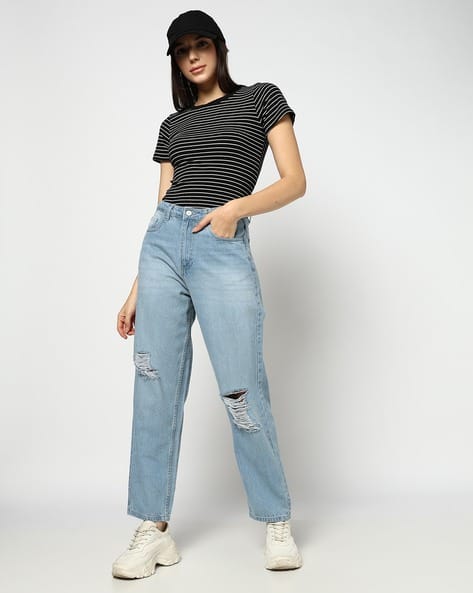 Women Mid-Wash Distressed High-Rise Mom Fit Jeans